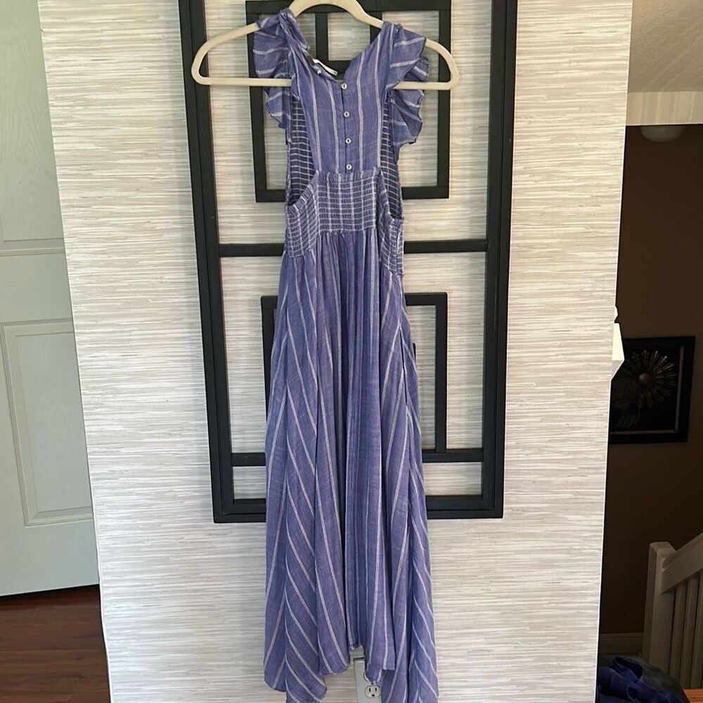 Free People denim chambray striped blue maxi dress ruched top. Xs - Picture 2 of 6